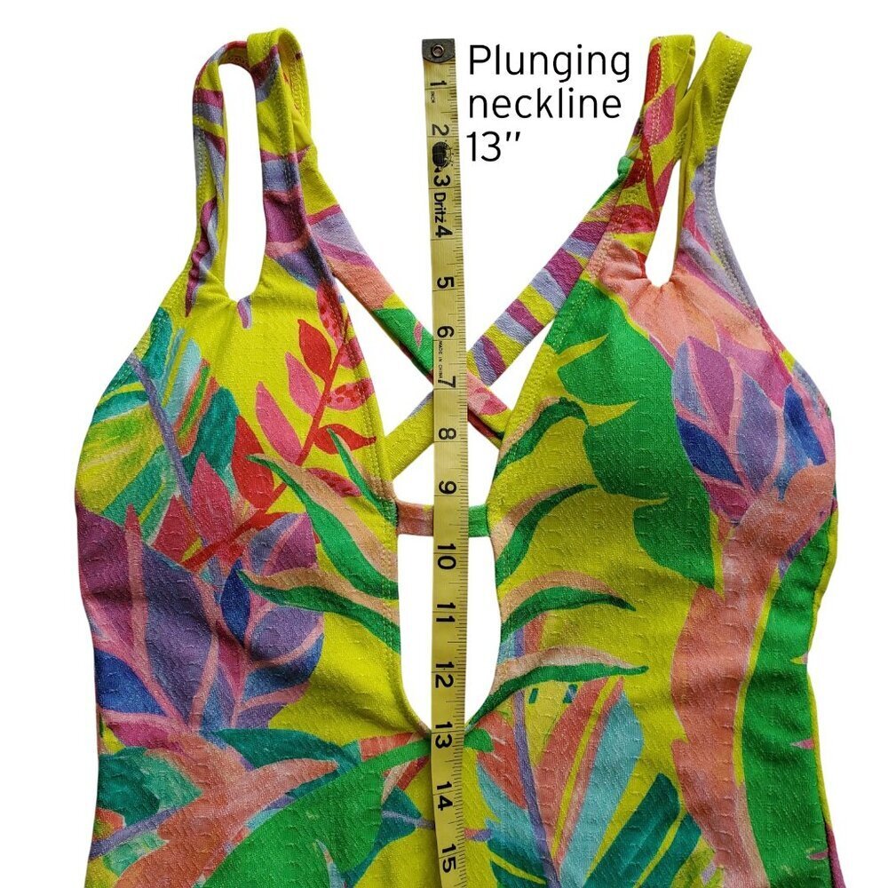 Becca Rebecca Virtue Costa Bella Yellow Tropical Print Plunge One Piece Swimsuit - Picture 13 of 16
